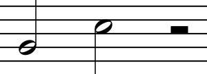 在五线谱记法中,一个空心的椭圆符头加上一个不带符尾的符干表示为二